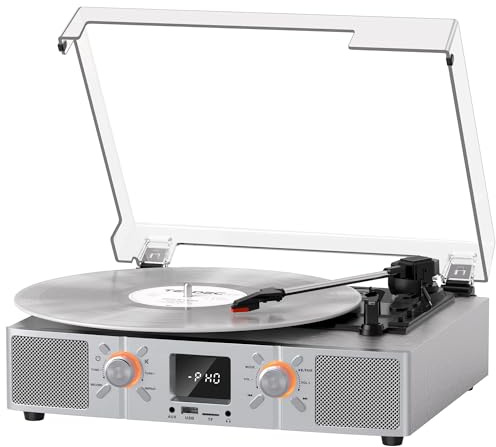 VinylsLink Vinyl Record Player Bluetooth Turntable with Speakers, 3-Speeds LP Player, Auto Stop, USB and TF Playback, USB Recording, FM Radio, LED Display, RCA Output, AUX Input, Headphone Jack