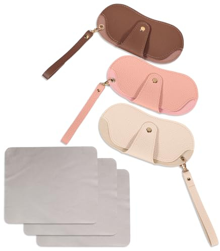 Geukmun 3 Pack Slim Glasses Case for Women, Soft PU Leather Sunglasses Case with Lanyard and Cleaning Cloth, Portable Lightweight Eyeglasses Pouch for Travel and Office