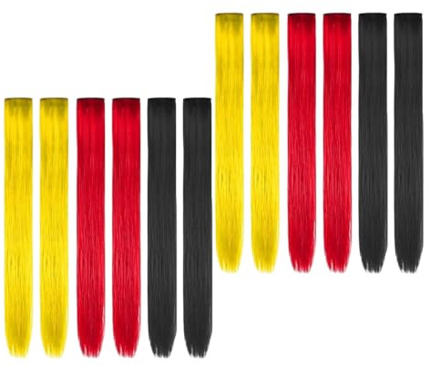 Cosplay Hair Extensions, 12 Piece Clip in 22 Inch Hair Streak Set in Red Yellow Black for Temporary Color Accents, Costume Styling, and Daily Looks Highlight Pieces Removable Color Streaks Costume