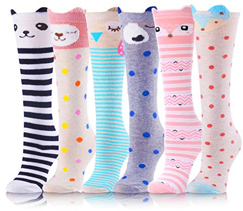 ANTSANG Girls Knee High Long Socks for Kids Child Odd 6 Pairs Fun Animal Pattern Tall Crazy Cute Stocking Fillers for Girls Kids Gift Boot Funny Socks（Funny Animal A，3-12 Years Old）