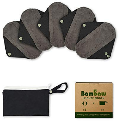 Waschbare Slipeinlagen mit Diskreter Damenbinden Tasche | Leichtes Set | Wiederverwendbare Binden | Wiederverwendbare Slipeinlagen Schwarz | Zero Waste Produkte | Stoffbinden Menstruation | Bambaw