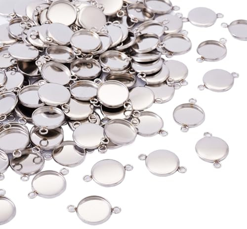 Craftdady 100Pcs 12mm Stainless Steel Bezel Tray Pendant Connectors Blank Cameo Round Cabochon Setting Charm Links with Double Loops for Jewelry Making Hole: 1.5mm