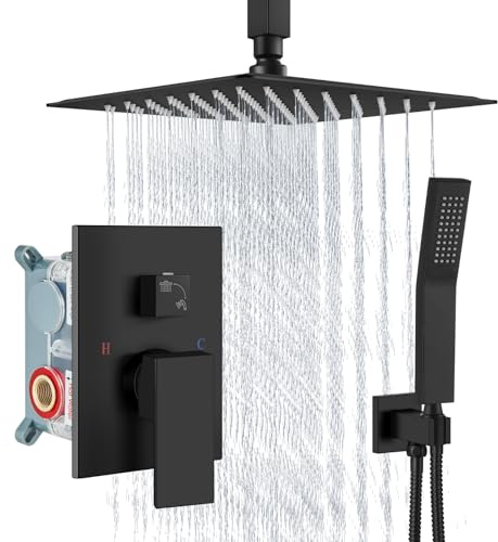 Aolemi Duschsystem Matt Schwarz 10 Zoll Regendusche Deckenhalterung mit Handbrause Luxus Hochdruck Duschkombi Set Rauhventil und Duschblende inklusive Badezimmer