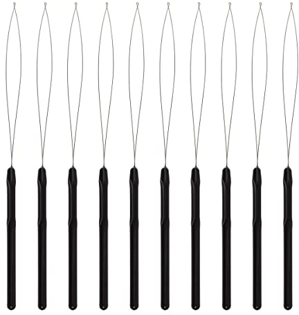 10 Pieces Hair Extension Loop Threader Pulling Hook Tool and Nano Bead Tool for Hair Extensions (Black)
