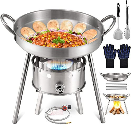 AOSION - Juego de 3 patas de acero inoxidable de alta resistencia con estufa de propano, parrilla grande estilo mexicano, sartén para exteriores ideal para patio trasero y cocina al aire libre.