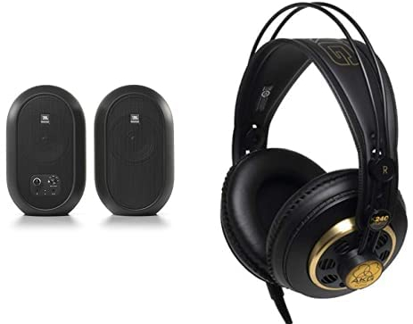 JBL 1 Series 104 Compact Desktop Speakers, Powered Reference Monitors - Bluetooth enabled (sold as pair) + AKG K240 STUDIO Professional Semi-Open, Over-Ear Headphones Black