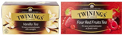 Twinings Filtri Tè Nero Gusto Sensuale della Vaniglia, 25 x 2g & Tè Nero ai Quattro Frutti Rossi, 25 Filtri