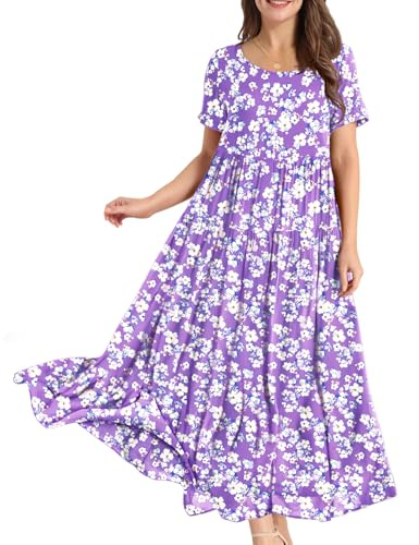 YESNO Damen Kleider Freizeit Lose Sommerkleid Lang Boho Maxikleid für Rundhals Strandkleid Blumenkleid XL EJFDE CR345
