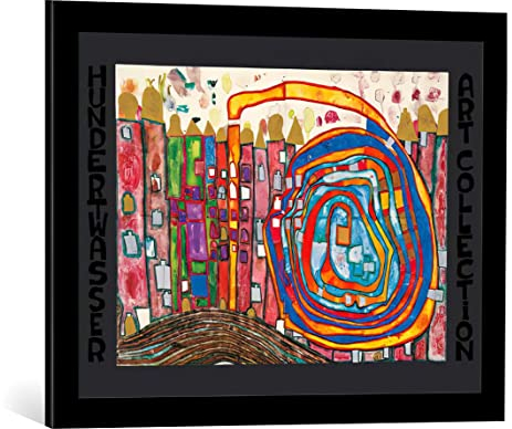 Bild mit Bilder-Rahmen: Friedensreich Hundertwasser Wer hat alle Meine Fenster gegessen - dekorativer Kunstdruck, hochwertig gerahmt, 67x48 cm, Schwarz matt