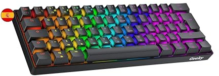 Geeky GK61 60% | Hot Swappable Teclado Mecánico de Juego | 62 Teclas Multicolor RGB LED Retroiluminado para Gaming PC/Mac | ISO ES Teclado Español + LATAM (Negro, Mechanical Speed Silver)