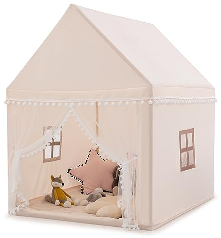 COSTWAY Tente de Jeux Enfant avec Tapis Doux & Lavable, Maison de Jeu en Château de Style Princesse en Coton, Cadre en Bois pour 3-4 Garçons et Filles, 120x105x140cm