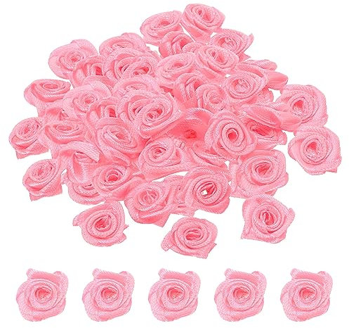 PATIKIL 1,5cm Mini Raso Nastro Rose, 50pz Piccoli Tessuto Fiori Abbellimenti Rosoni Applique per Fai-da-te Artigianato e Matrimonio, Rosa