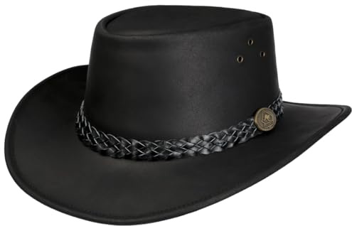Scippis Wallaroo Läderhatt Herrar - Made in Australia läder cowboyhatt med läderband Vinter Höst Vår Sommar Sommar-Vinter - S (54-55 cm) svart