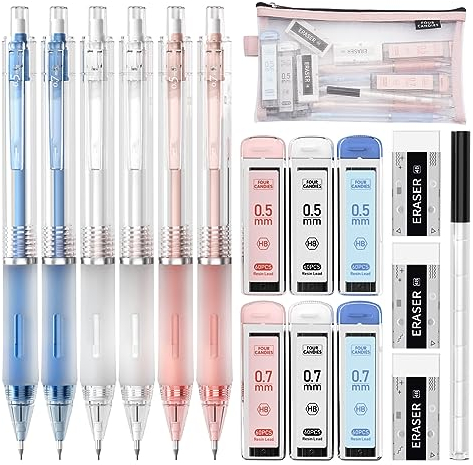 Four Candies Druckbleistift Set mit Mäppchen, 6 Stück Minenbleistift 0,5 & 0,7 mm, 360 Minen HB, 3 Radierer, Mechanischer Bleistifte Stifte Schulsachen Aesthetic School Stuff Clean Girl Stationery