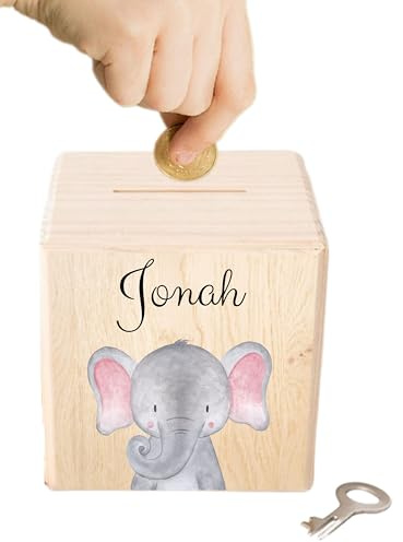 wunderwunsch - Personalisierte Spardose Kinder aus Holz mit Metallschloss - Spardose mit Namen mit kinderfreundlichem UV-Druck zum Sparen für Kinderträume