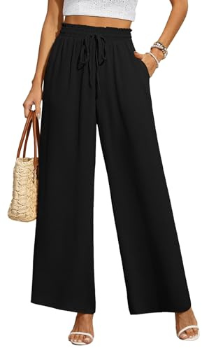 BEIGAI Black Trousers for Women Summer Casual Baggy Wide Leg Pants Elastic High Waist Slim Fit Ladies Work Office Business Style Trousers,Black,M