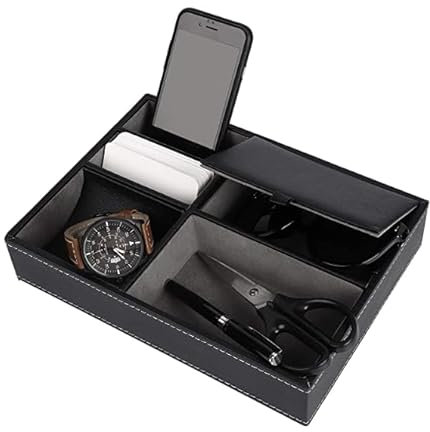 GIRAFEDA Valet Tablett Taschenleerer Nachttisch Organizer Schwarz Schlüsselablage 5 Fächer Schreibtisch Organizer Tablett 25.5 x 18.5 X 5cm Ablageschale Schlüssel Aufbewahrung Schale für Uhr Münzen