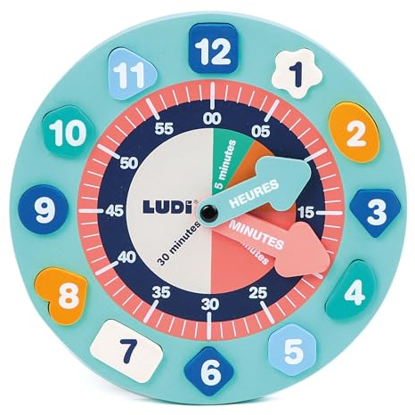 Ludi — Lernuhr aus Schaumstoff — zum Lernen der Uhrzeit und gleichzeitig Spaß haben— Geschicklichkeit und Denken — 2 bewegliche Nadeln und 12 herausnehmbare Zahlen — Verschiedene Formen und Farben
