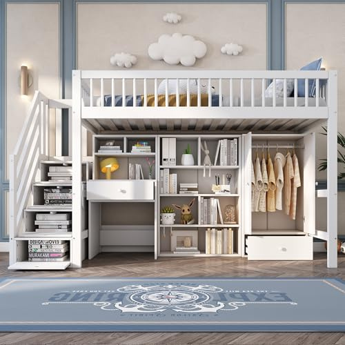 Idemon Cuna, cama individual, cuna multifuncional, con escritorio, escalera, taquillas, armario, sin colchón, madera maciza, blanco, 90 x 200 cm