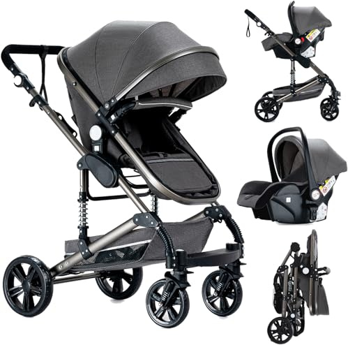 Reenborn Kinderwagen 3 in 1, Buggy mit zwei umkehrbaren Schiebemodi, Aluminiumlegierung, Ein-Klick-Faltdesign, Hohe Landschaft (739 Grey)