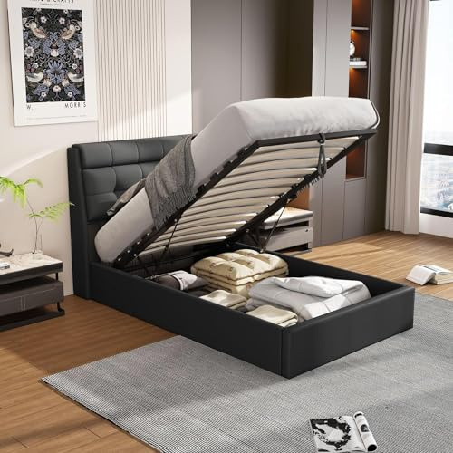 Kayan Polsterbett 90x200cm, Boxspringbett mit hydraulisches Bettkasten, Bett mit Lattenros, Stauraum Kopfteil, Einzelbett Jugendbett Bettrahmen, Kunstleder, Ohne Matratze (Schwarz, 90x200 cm)