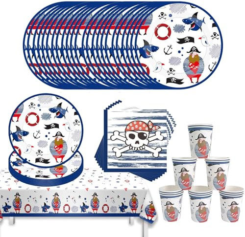 Piraten Partygeschirr Set, Piratenschiff Party Pappteller mit Tischdecke Pappteller Becher Servietten,Kindergeburtstag Deko Pappteller Set für Babydusche Geburtstagsparty(16 Gäste)