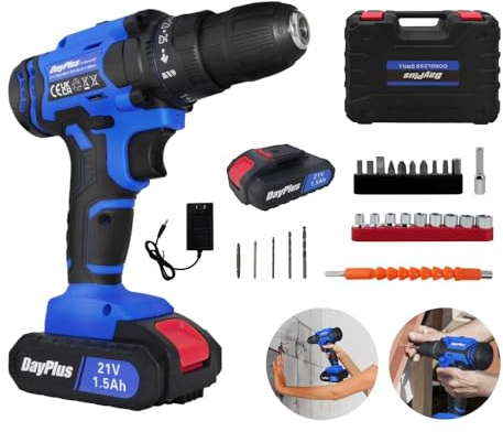 21V Visseuse Devisseuse Sans Fil, Perceuse Visseuse Sans Fil avec 2Batteries&Chargeur,45N.m Perceuse Électrique,Mandrin Sans clé 3/8, 25+1 Réglages de Couple, LED,26 Accessoires, Bleu