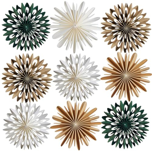 SUNBEAUTY Weihnachtsbaum Deko 3D Mini Papier Aufhängen Fächer Schneeflocke Hängen Papier Girlande Boho Pappsterne für Weihnachten Deko Heimdekoration,Tischdeko, Fensterdekoration (9 Stück,Natürliche)