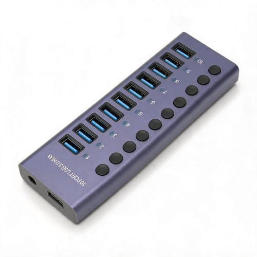 Dpofirs Hub USB Alimentato A 10 Porte da 60 W, Hub USB 3.0 con Interruttori di Alimentazione Individuali, LED Docking Station USB 3.0 con Guscio in Lega di Alluminio Adattatore di (Spina