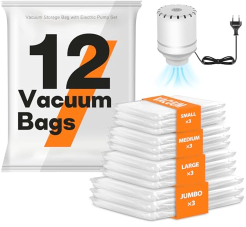 Vakuumbeutel für Kleidung und Bettdecken mit Elektrische Pumpe,12er Set in 4 Größen（3S+3M+3L+3J),Vakuumbeutel zur Kleider-Aufbewahrung,Platzsparer Bag, Vacuum Storage Bags