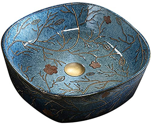 Vasque à poser , Lavabo de salle de bain Plan de toilette Vasque en céramique Lavabo sur pied peint à la main de style V-intage sans trop-plein for meuble-lavabo Lavabo sur pied de salle de bain + ens