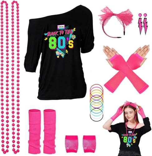 ELFIN 80er 90er Jahre Outfit Damen, T-Shirt, Stirnband, Ohrring, Halskette, Netzhandschuhe, Armband, Beinwärmer, 80er 90er Jahre Kostüm Aerobic Kleidung Mottoparty Accessoires Karneval, Schwarz-4, XL