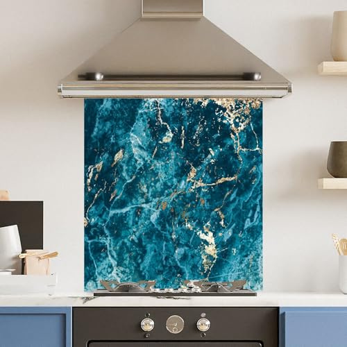 Toughened 6mm Glass Kitchen Splashback 60 x 65cm Dark Blue Gold Marble Polished Heat Resistant Back Splash for Cookers Hob