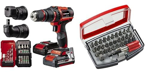 Einhell Taladro con batería TE-CD 18/45 3X-Li+22 Power X-Change (18V, 45Nm, pieza angular y excéntrica, set de puntas de 22 piezas, 2 baterías de 2,0Ah, cargador) + Bit Box 32