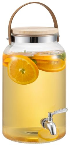 Navaris Dispenser per Bevande in Vetro 5,6 Litri - con Rubinetto e Tappo in Legno - per Bibite Fredde e Calde - Distributore Acqua per Casa e Ufficio - Drink Dispenser