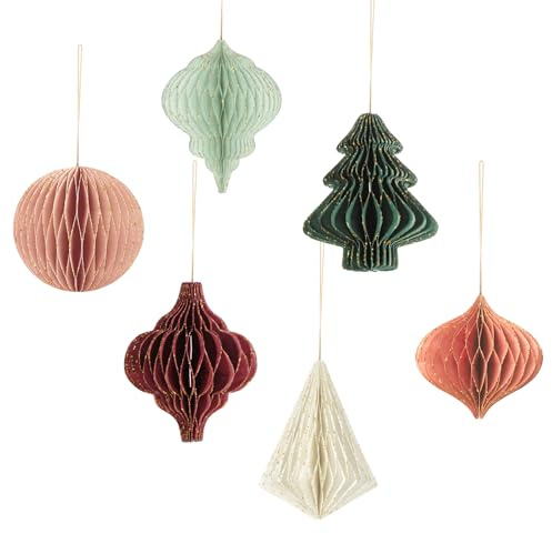 AOBKIAT Weihnachten Dekorationen,6 Stück Papier Ornamente mit Glitzerrand | Papierwaben Weihnachtsschmuck Hängende Dekorationen,für Weihnachtsbaum,Silvester,Heimdekoration