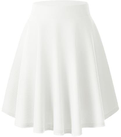 EXCHIC Donna Elegante Vita Elastica Svasata A-Linea Midi Gonna Base Uniforme Plissettata Skater Gonne(L, Bianco)