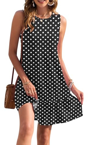 AUSELILY Robes d'été pour Femmes à Volants Mini Robes de Plage décontractées sans Manches Robe débardeur à Volants avec Poches Points Noirs M