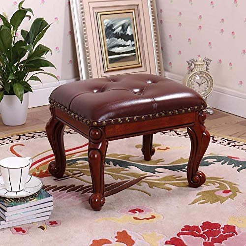 Luxuriöser Fußhocker aus PU-Leder mit Knöpfen – Vintage-Ottomane, Sofa, Kaffeehocker mit geschnitzten Holzbeinen, klein, dunkelbraun, gepolsterter Fußhocker, 37 x 30 cm