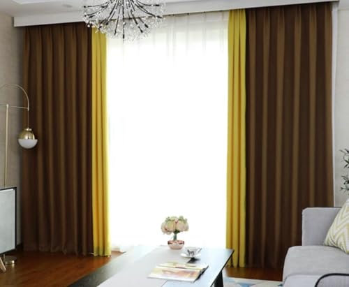 Epinki 2er Pack Verdunkelungsvorhang Extra Breit Gardinen mit Ösen, Fenstervorhänge Einfarbig Vorhang Motiv Blickdicht Leinen Gardinen Schals für Wohnzimmer Dunkel Kaffee Gelb H244 x B132 cm