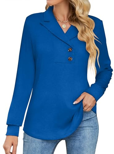 Tisfeer Damtröja långärmad toppar knapp v-ringad tunika skjortor business dressy vardaglig gunga solid pullover 2025, Kungsblå, L