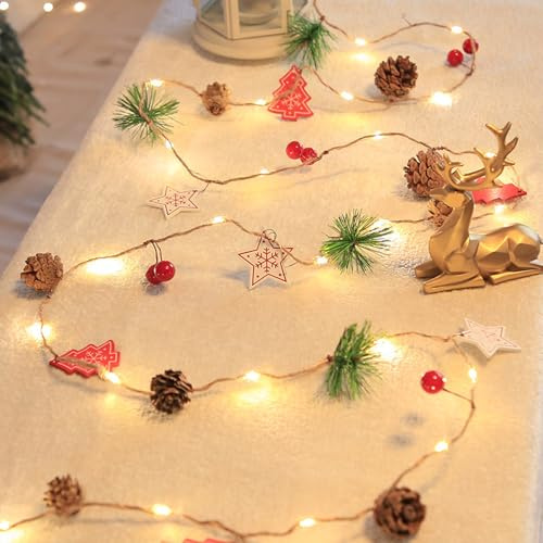 Weihnachtsgirlande mit Lichtern, 2 m, 20 LEDs, Tannenzapfen, batteriebetrieben, rote Beeren-Lichterkette, Kranz, beleuchtete Weihnachtsdekorationen für Weihnachten, Innen- und Außendekoration
