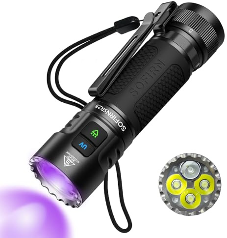 sofirn SR23 EDC Flashlight 3300 Lumens Rechargeable, White & UV Light, IPX8 | Two-in-one pocket light: bright white plus 365nm UV for document, stain and currency checking. USB-C, everyday carry.