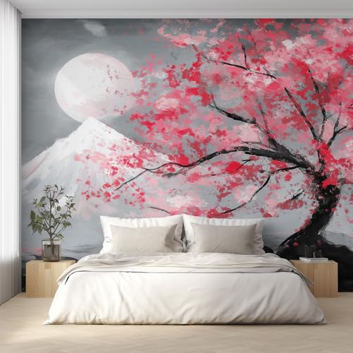Générique Papier Peint Sakura Japonais 250X175cm, Papier Peint Intissé Fleurs de Cerisier Lune Asiatique Salon Chambre Panoramique Decoration, Fresque Murale Décoration Murale D31