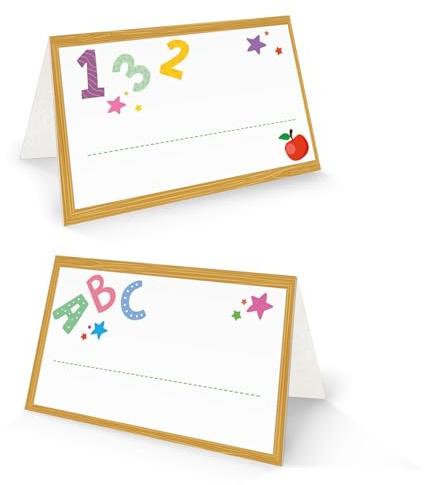 Tischkarten zur Einschulung/Schulanfang für Kinder – Set mit 25 Stück, Vorder- und Rückseite beschreibbar, 8,5 x 5,5 cm, fröhlich-buntes Design mit ABC & Zahlen