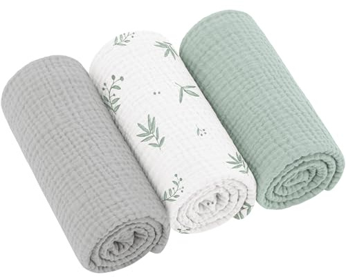 bearmoss Langes Coton BéBé, Absorbant Respirant pour Nouveauné Peau Sensible pour Unisexe Bébé Filles et Garçons Lot 3 de Mousseline de Coton 60x60cm (Blanc)