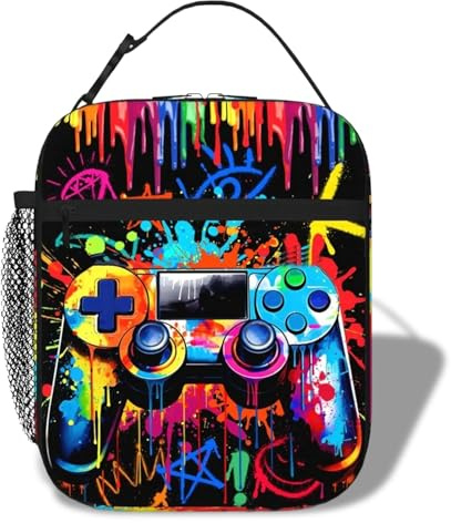 Fakcrkun Game Boys Lunch Bag, Graffiti Style Kids Lunch Box, Reusable and Waterproof Lunchbox for Boys, Insulated Lunchbag with Mesh Bag for School, Travel, Picnic (B)