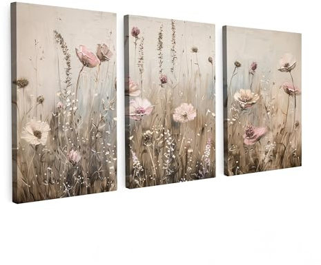 MuchoWow© Bild auf Leinwand 3er Set Schlafzimmer Bilder Badezimmer Wand | 120x60 cm - Deko Wohnzimmer Modern Wanddeko Bilderwand Wandbilder Blumen - Beige - Rosa