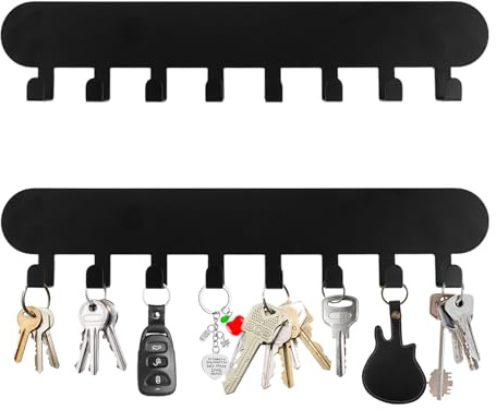 2 stycken nyckelbrädor med 8 krokar, svart nyckelhållare vägg, nyckelbräda utan borrning, nyckellist självhäftande, nyckelhängare, för korridorer, entrédörrar, garage, badrum, kök