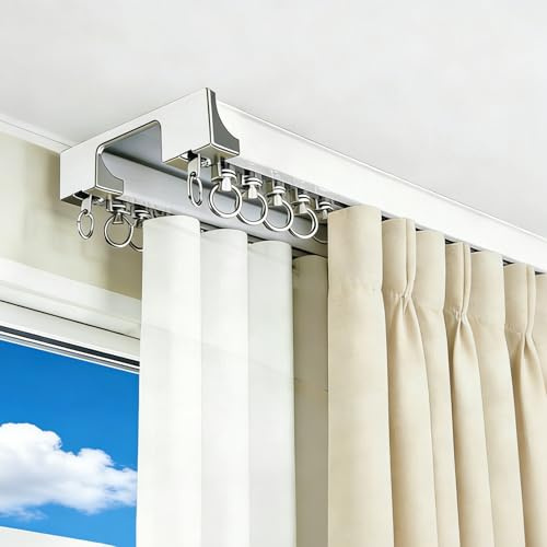 Leise 2-läufiger Gardinenschiene, Doppelläufige Vorhangschiene(Weiß,230cm) | Aluminium, Deckenvorhangschiene für Wohnzimmer, Schlafzimmer, Büro